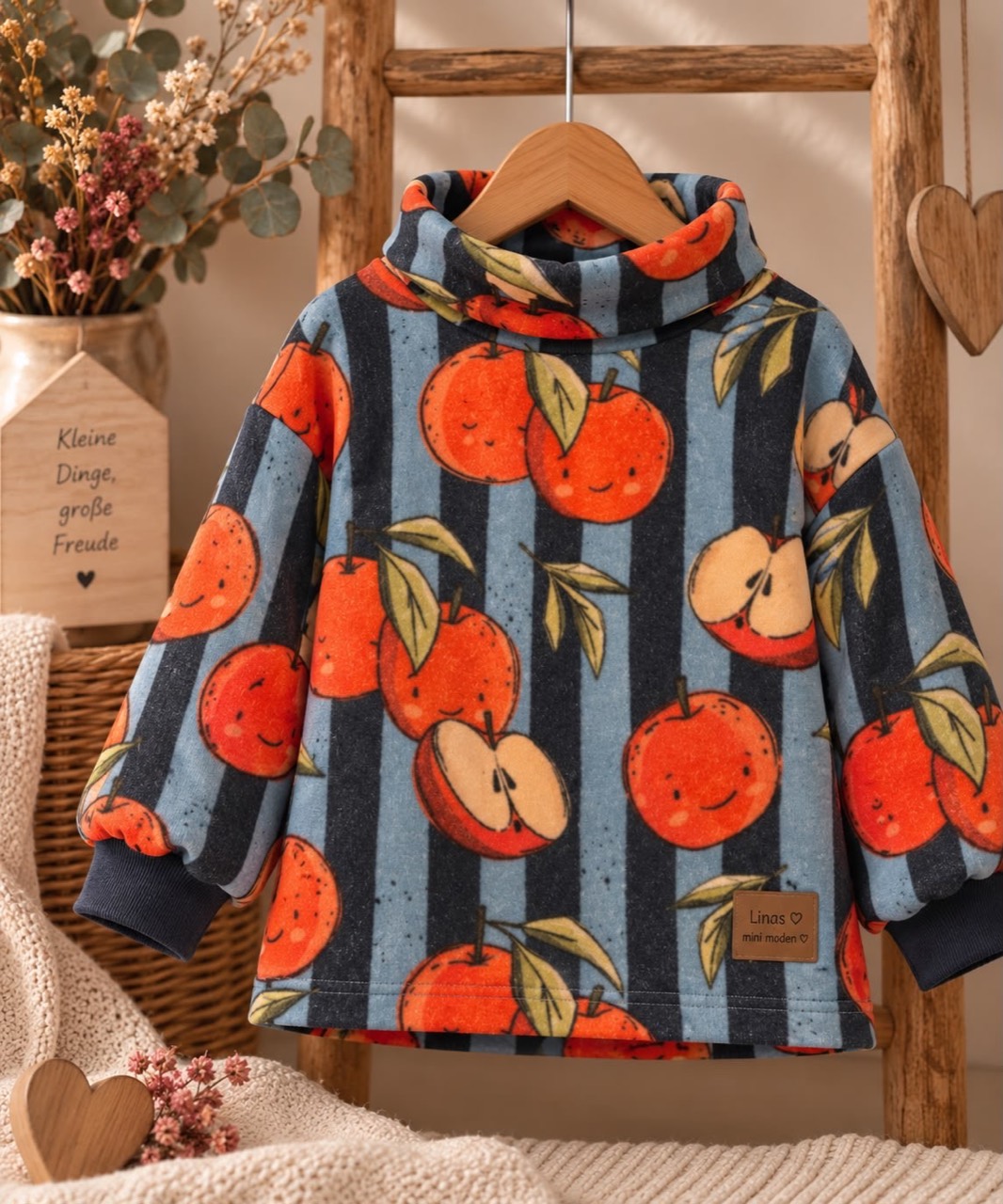 Kinderpullover mit roten Äpfeln auf blau gestreiftem Stoff, hohem Kragen und dunkelblauen Ärmelbündchen.